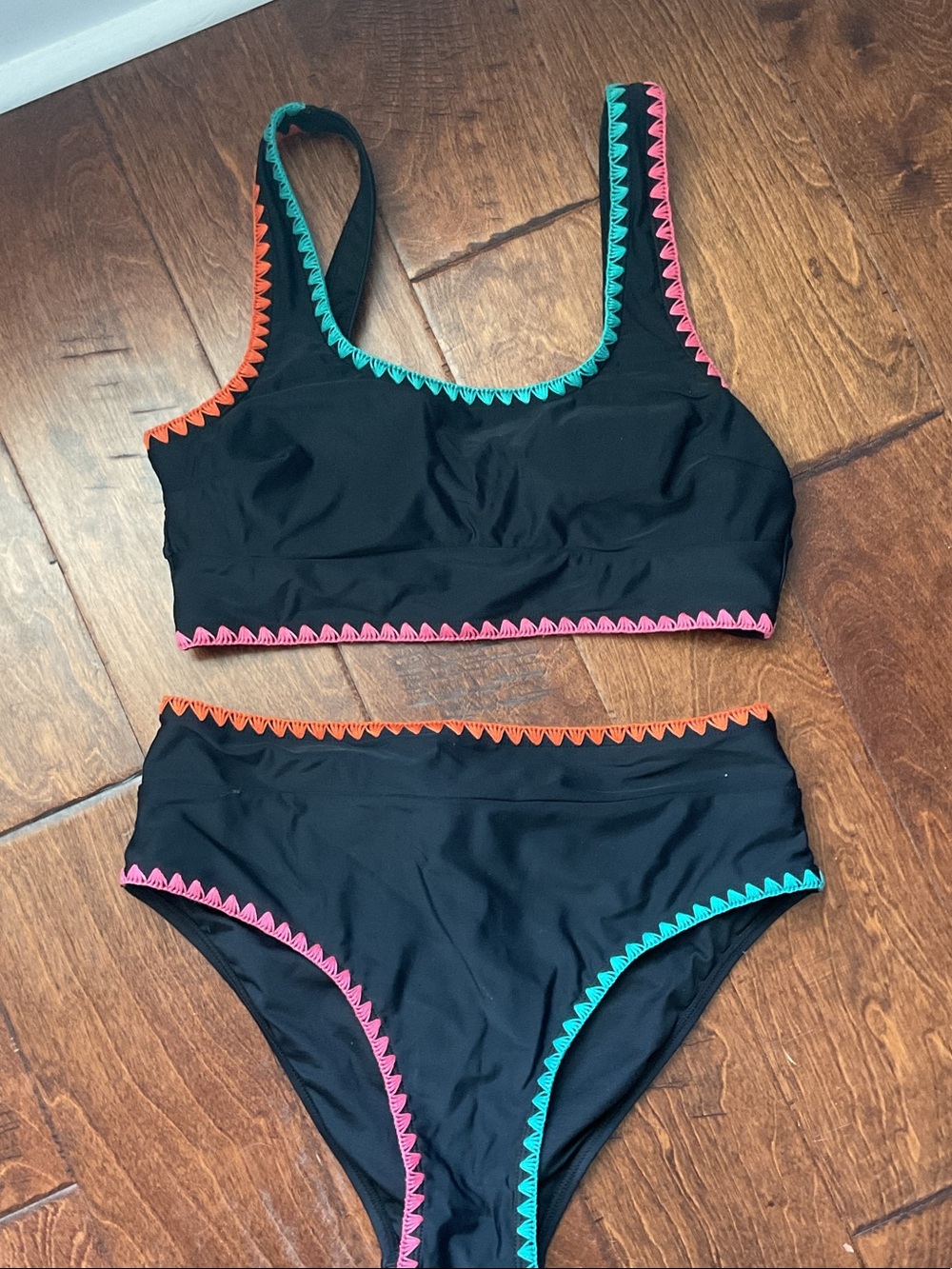 Women’s Black Two-Piece Swim Set with Pink, Teal & Orange Trim